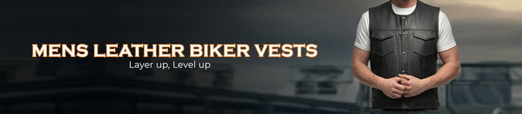 "A man models a black leather biker vest with text overlay."