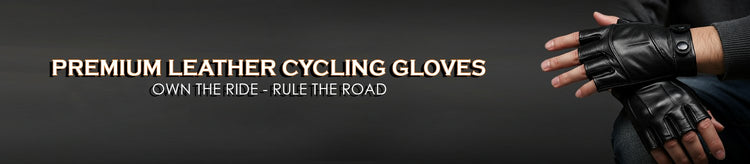 "Close-up of hands wearing black premium leather fingerless cycling gloves on a dark background."