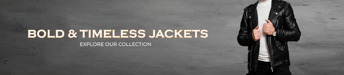A person models a black leather jacket with a white turtleneck shirt.