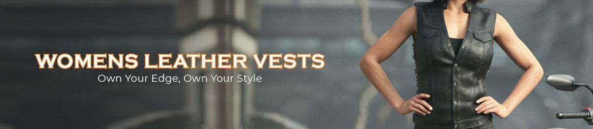 "A woman stands wearing a black leather vest with text overlay."