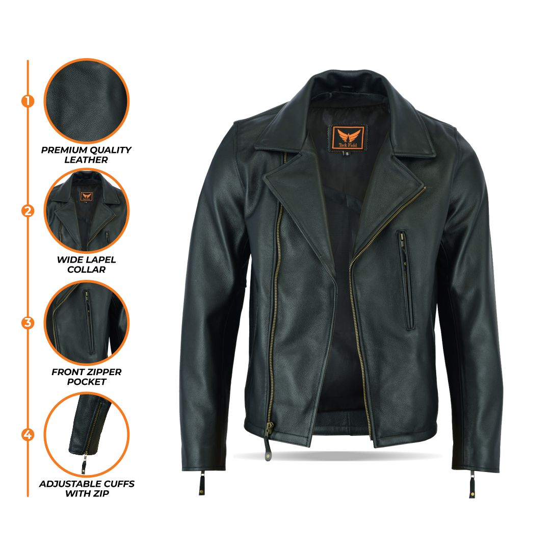 A composite image displaying multiple views of the black men's asymmetrical zipper leather jacket (including front, back, and side), alongside circular icons indicating key features such as "Genuine Leather," "Durable Hardware," and "Ventilation."
