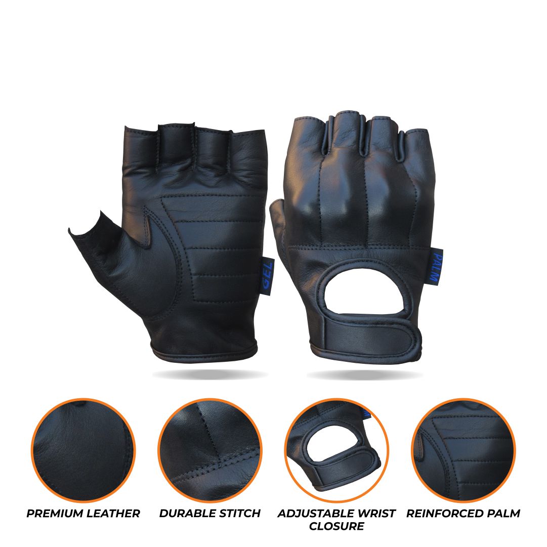 A composite image showing the black fingerless leather gloves from different angles (top and bottom views, showing the palm and strap closures), along with three circular swatches highlighting features like "Genuine Leather," "Adjustable Wrist Strap," and "Breathable Design."