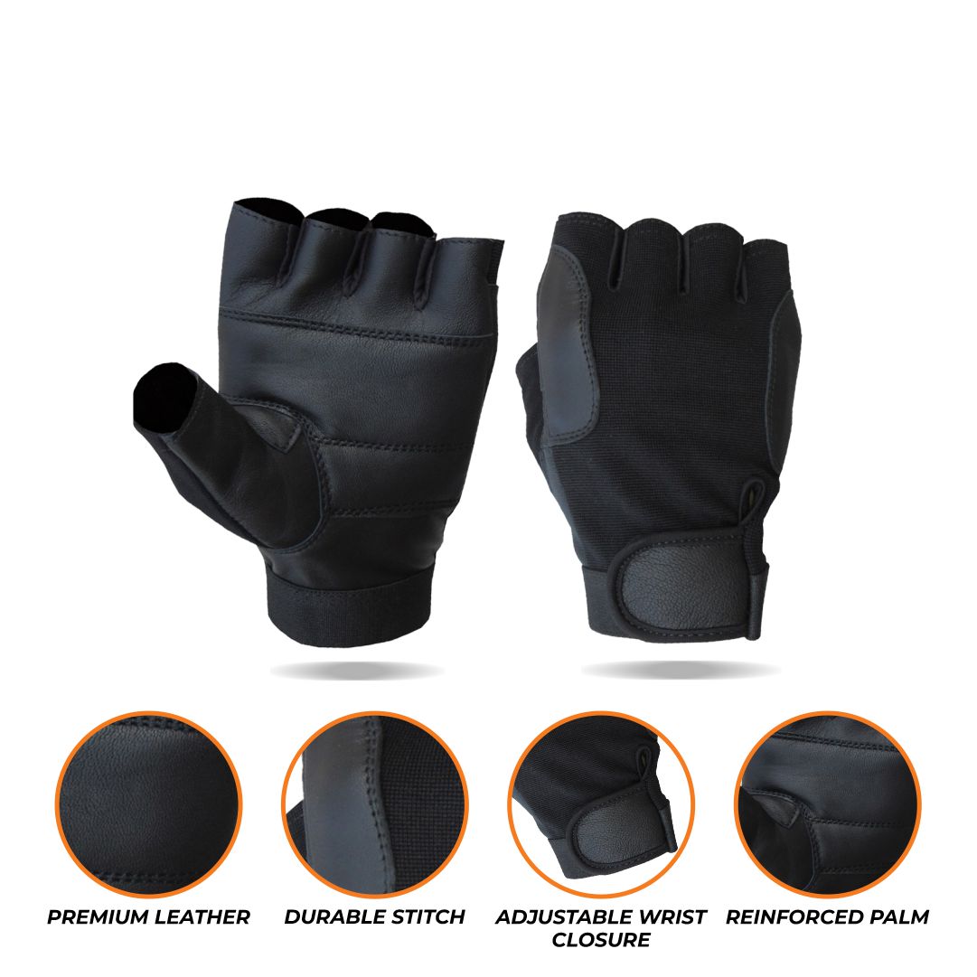 A smaller composite image showing the black fingerless workout gloves from multiple angles, accompanied by four circular icons or swatches indicating key features such as "Premium Material," "Breathable Fabric," "Secure Fit," and "Padded Palm."