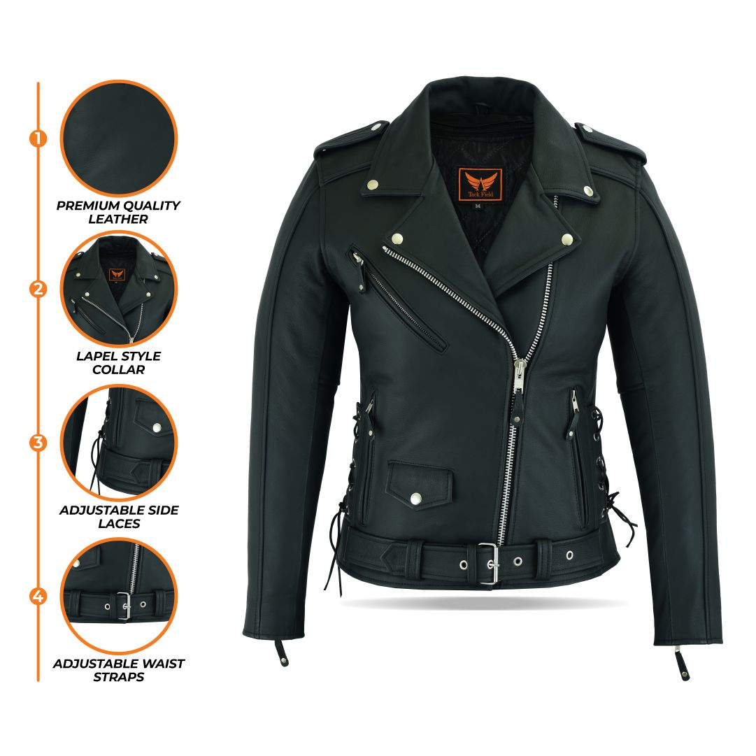Close-up of details on women’s black leather biker jacket including buttons, belt, and zippers