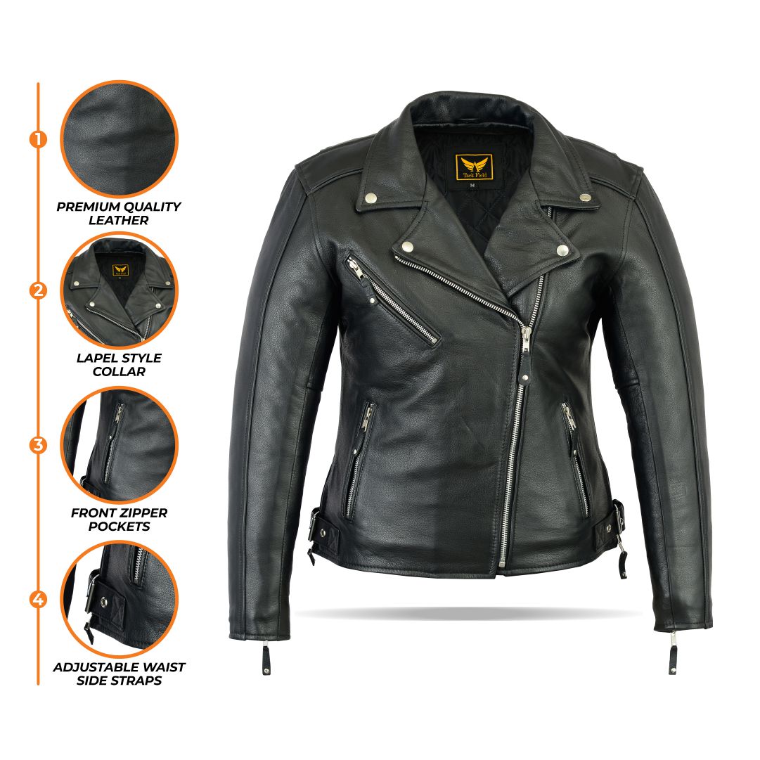 Close-up of collar, zipper, and stitching on women’s black leather biker jacket