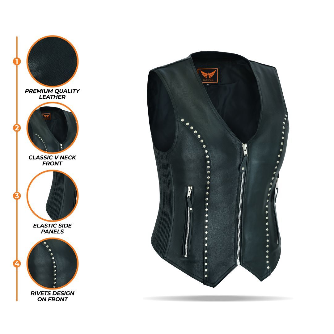 Close-up of rivet embellishments, zipper, and leather texture on women’s vest