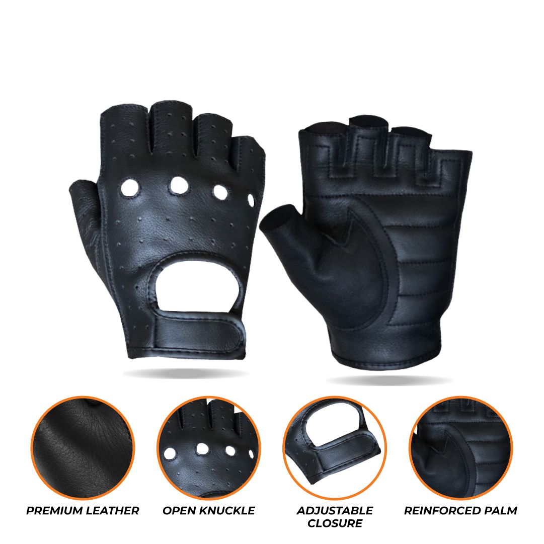 A smaller composite image showing the black perforated fingerless leather driving gloves from multiple angles, accompanied by circular icons or swatches indicating features such as "Genuine Leather," "Breathable Design," and "Secure Fit."