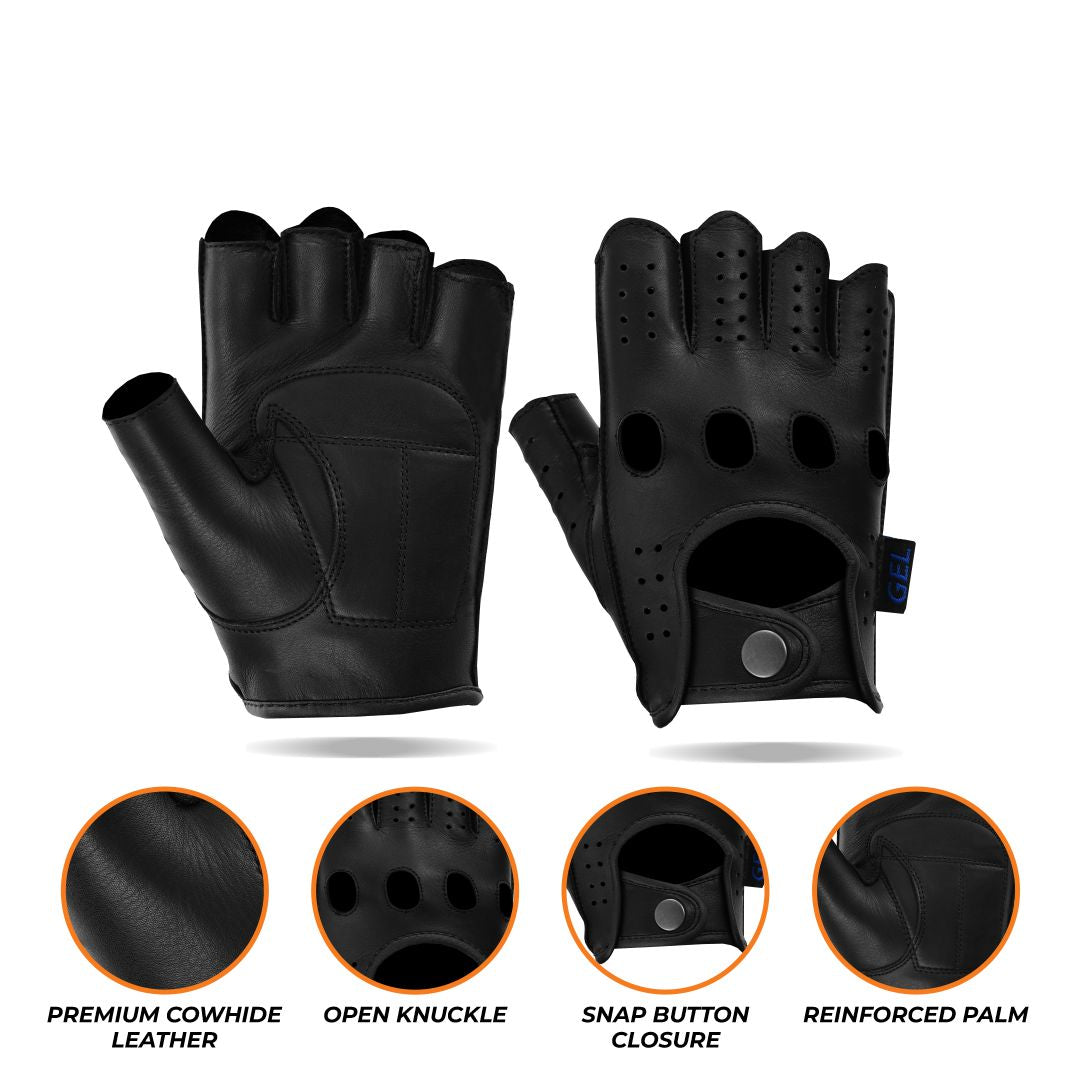 A smaller composite image displaying the black perforated fingerless leather driving gloves from multiple angles (front and back), accompanied by circular icons or swatches highlighting features such as "Genuine Leather," "Ventilated Design," and "Adjustable Strap."