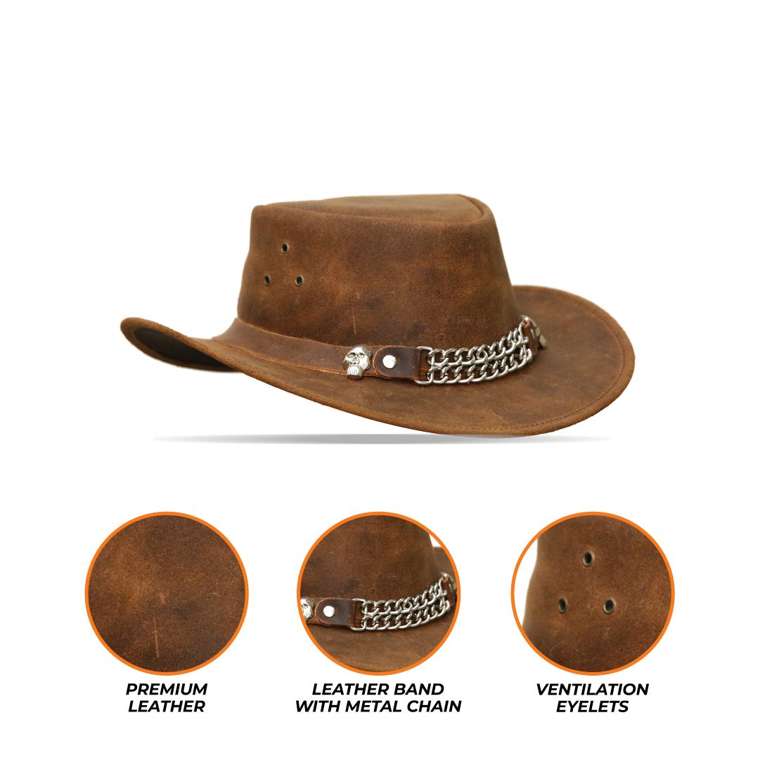 Infographic highlighting the features of a brown cowboy hat, including its design, material, and silver chain detailing around the band.