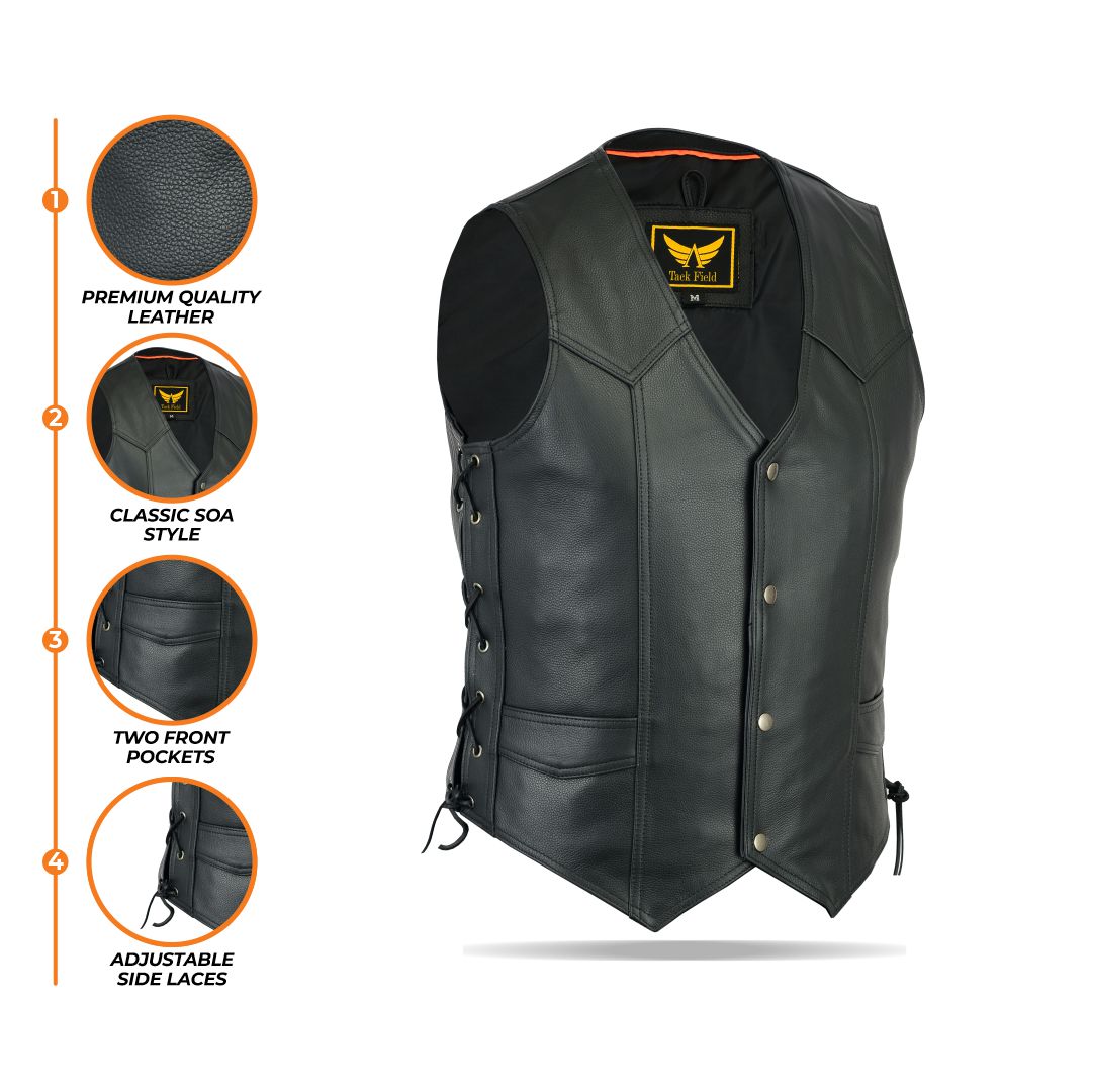 A composite image displaying multiple views of the black men's leather biker vest (front, back, and side), alongside circular icons indicating key features such as "Genuine Leather," "Adjustable Side Lacing," and "Snap Button Closure."
