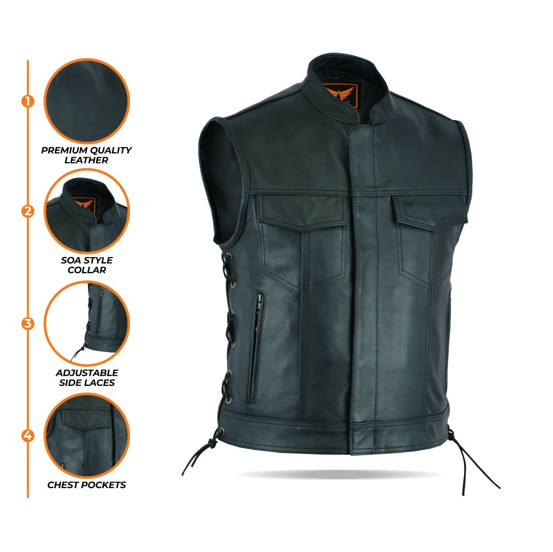 A composite image displaying multiple close-ups of a men's black leather motorcycle vest, highlighting details such as the inner lining, collar, zipper, snap buttons, side lacing, and leather texture, on a white background.