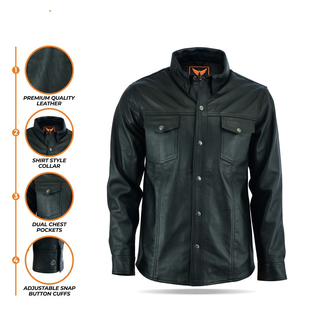 A composite image displaying multiple views of the black men's premium ultra soft sheepskin leather shirt (front, back, and side), alongside circular icons indicating key features such as "Premium Sheepskin Leather," "Soft Hand Feel," and "Durable Snaps."