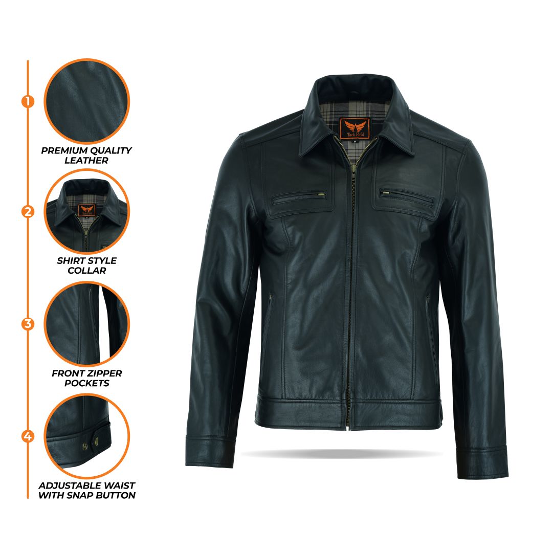 A composite image displaying multiple views of the black men's classic rider-style leather jacket (front, back, and side), alongside circular icons indicating key features such as "Genuine Leather," "Durable Zippers," and "Comfort Fit."