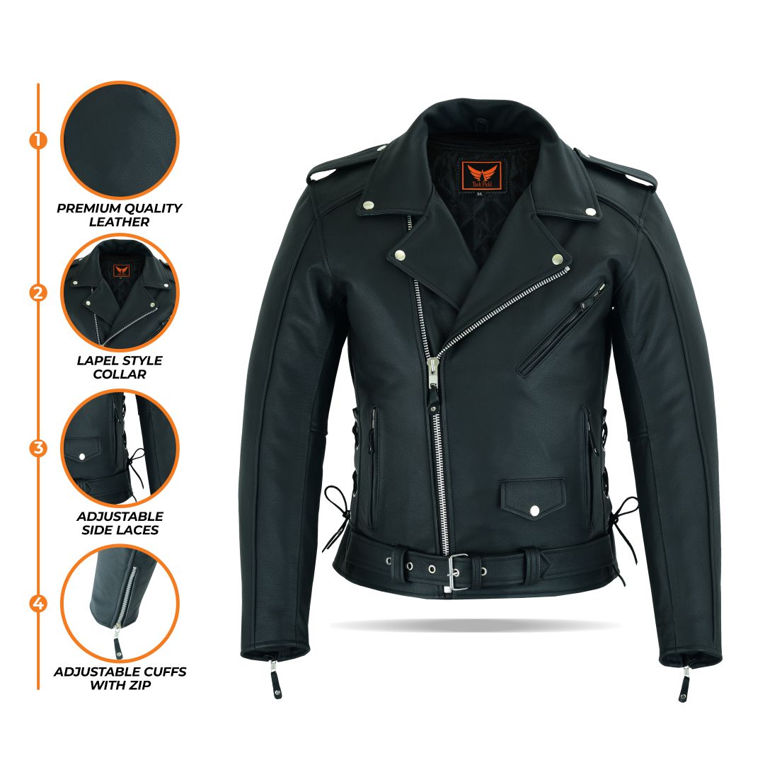 A composite image showcasing various views of the black classic biker-style leather jacket (including front, side, and back), alongside circular icons indicating key features such as "Genuine Leather," "Zippered Pockets," and "Adjustable Belt."