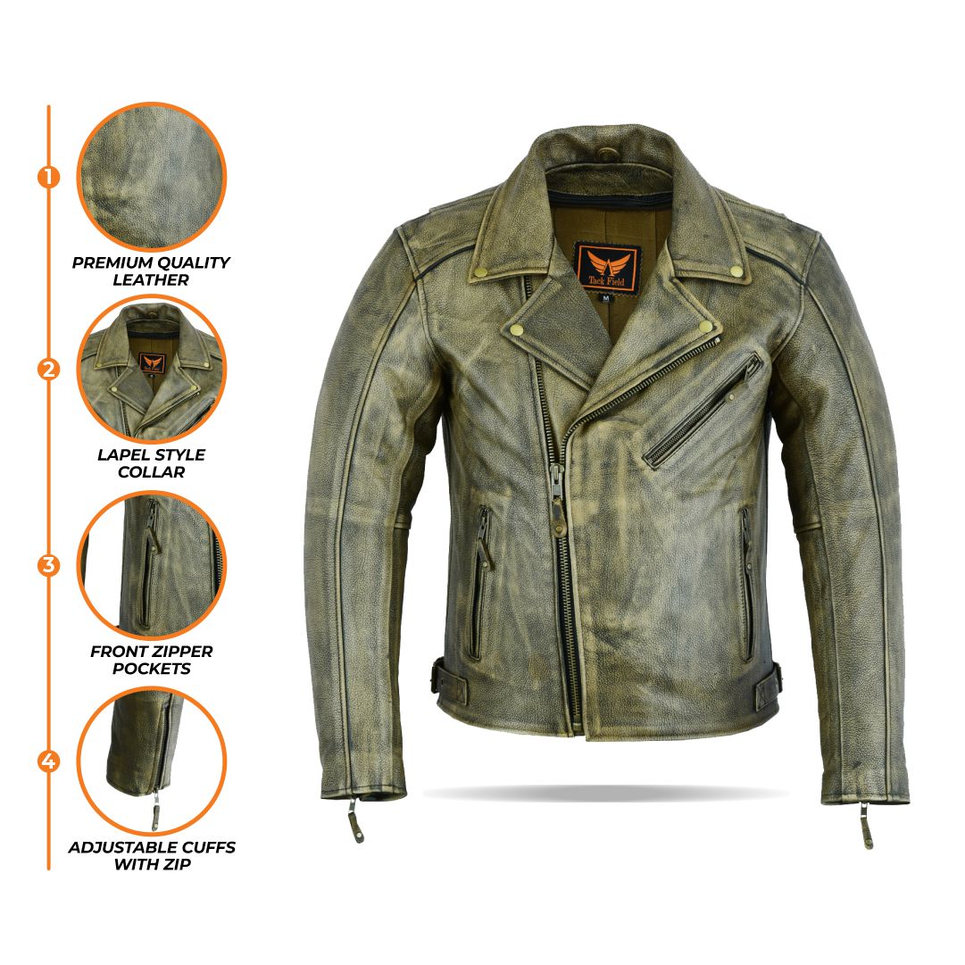 A composite image displaying multiple views of the woodland men's biker-style leather jacket (front, back, side), alongside circular icons highlighting features such as "Woodland Leather Finish," "Ventilation Zippers," and "Adjustable Cuffs."