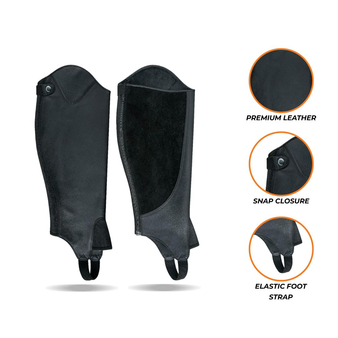 Infographic illustrating the features and benefits of leather riding chaps, including material, design, closure system, and additional features.
