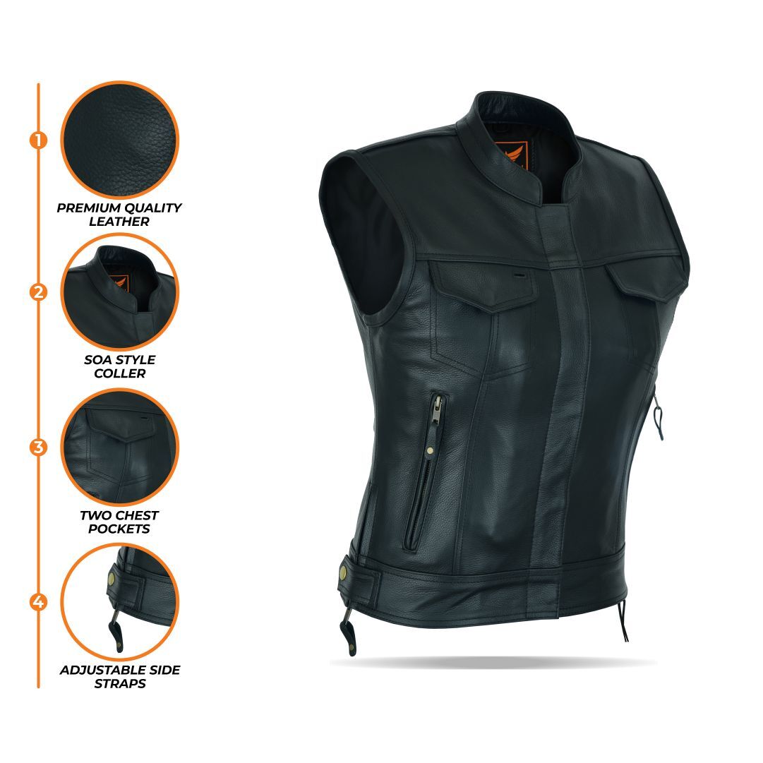 A composite image displaying multiple close-ups of a men's black leather motorcycle vest, highlighting details such as the inner lining, collar, snaps, pocket zippers, and leather texture, on a white background.