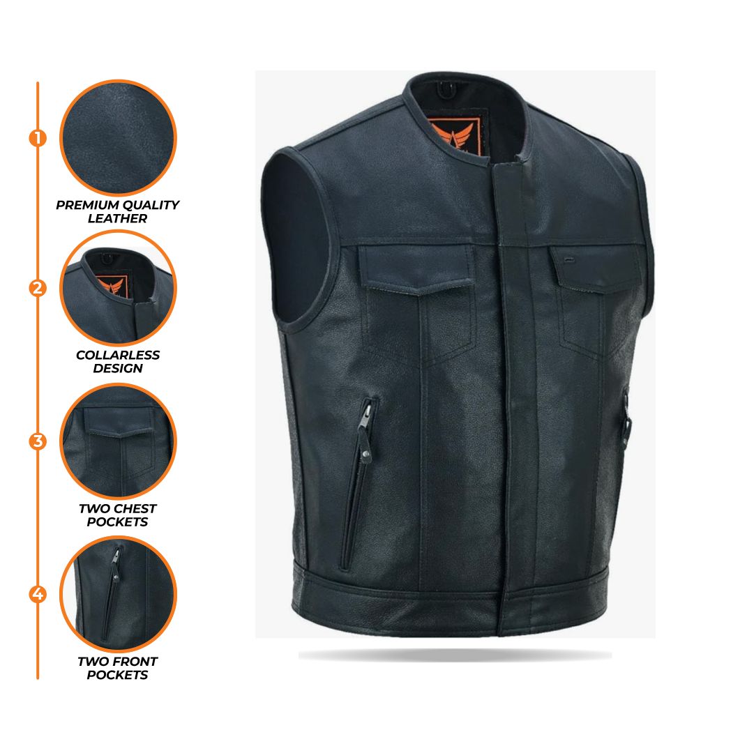 A composite image displaying multiple close-ups of a men's black leather motorcycle vest, highlighting details such as the collar, chest pockets, lower zippered pockets, and overall leather texture, on a white background.