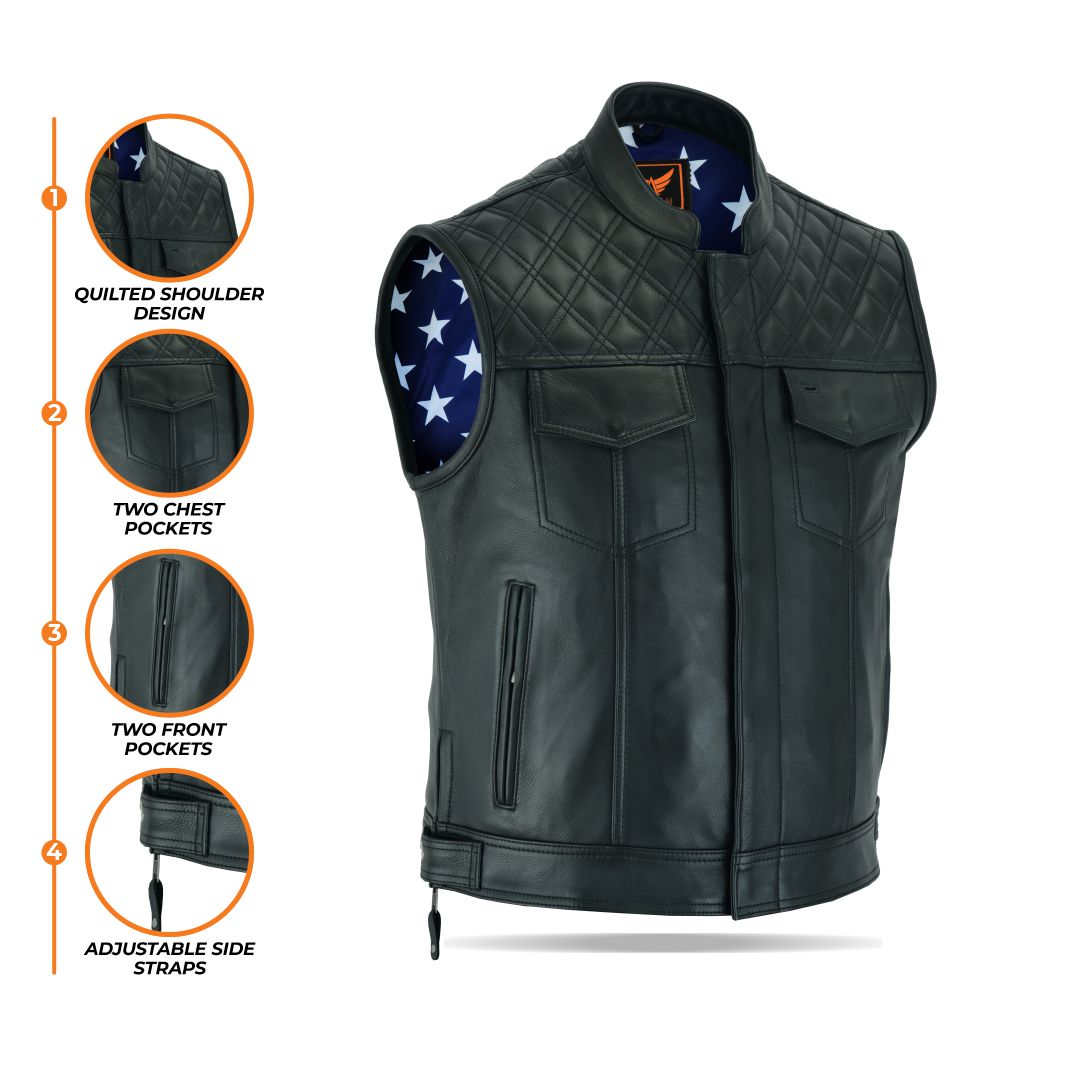 A composite image displaying multiple close-ups of a men's black leather motorcycle vest, highlighting details such as the American flag inner lining, collar, snaps, pocket zippers, and leather texture, on a white background.