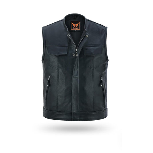 A full-length, slightly angled front view of a men's black leather motorcycle vest featuring a collared neck, a concealed front zipper or snap-button closure, two chest flap pockets, and two lower zippered pockets, isolated on a white background.