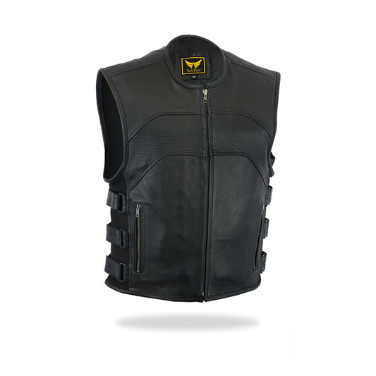 A full-length, slightly angled front view of a men's black leather motorcycle vest featuring a front zipper closure, a classic collarless design, and adjustable side straps with buckles, isolated on a white background.
