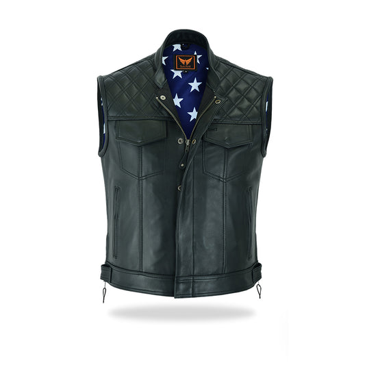 A full-length, slightly angled front view of a men's black leather motorcycle vest with a front snap-button closure, multiple chest pockets, and a visible quilted blue and white star pattern of an American flag lining, isolated on a white background.