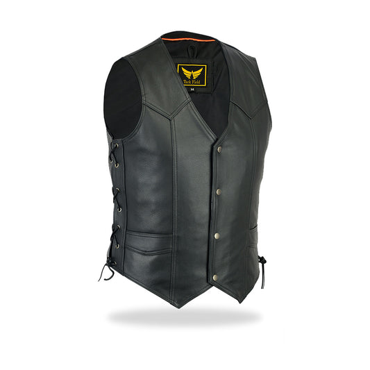 A front view of a black men's leather biker vest, featuring a V-neckline, snap-button front closure, and adjustable leather lacing details on both sides for a customizable fit. The vest has a classic motorcycle club style.