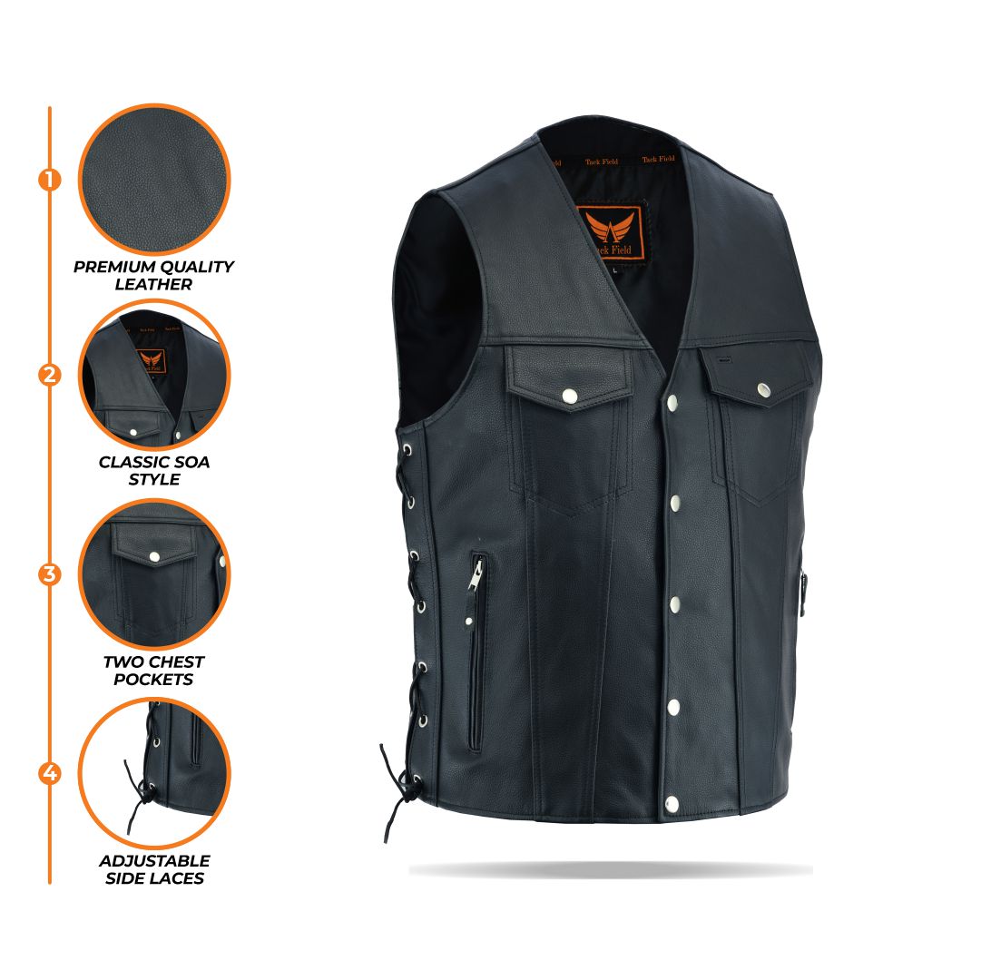 A composite image displaying multiple close-ups of a men's black leather motorcycle vest, highlighting details such as the inner lining, collar, snap buttons, pocket hardware, and side lacing, on a white background.