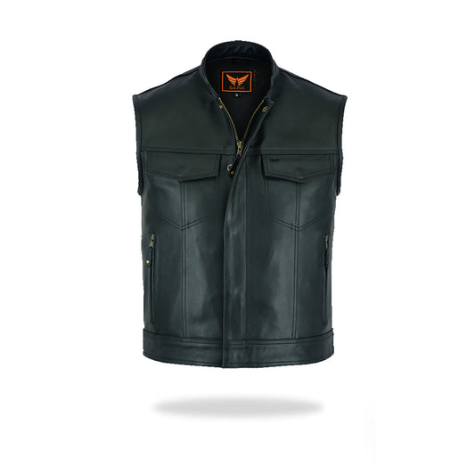 A front view of a black men's leather motorcycle vest, featuring a full front zipper closure, a mandarin collar, and two snap-button chest pockets.