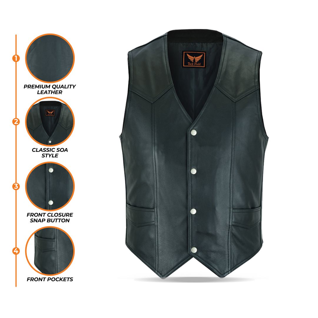 A collage of four detailed close-up images of a black leather vest, labeled to show "Snap Button Closures," "Two Front Pockets," "Plain Back Design," and "Comfortable Fit."