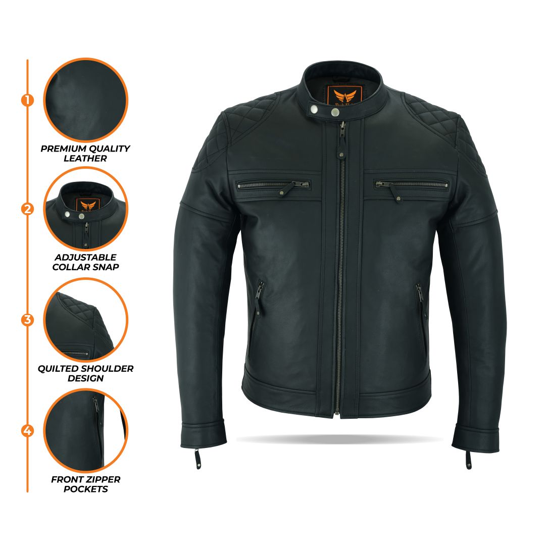 A composite image displaying multiple views of the black leather jacket (front, back, and side), along with circular detail swatches potentially highlighting features like "Genuine Leather," "Zippered Cuffs," or "Inner Lining."