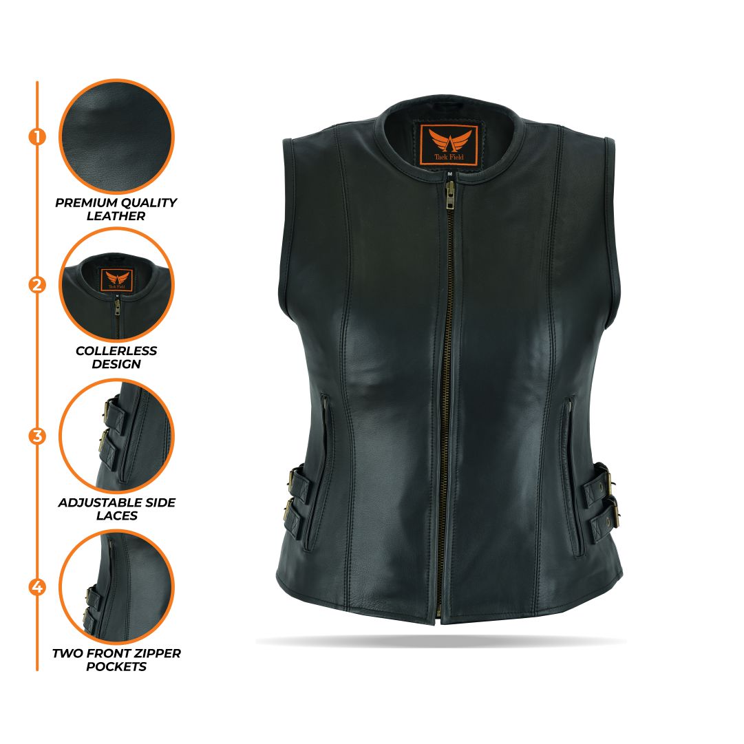 A composite image displaying multiple close-ups of a women's black leather motorcycle vest, highlighting details such as the inner lining, collar, zipper pulls, and potential internal pockets, on a white background.