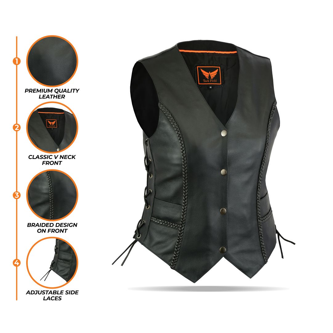 A composite image displaying multiple close-ups of a women's black leather motorcycle vest with snap buttons, highlighting details such as the inner lining, collar, snaps, and potential internal pockets, on a white background.