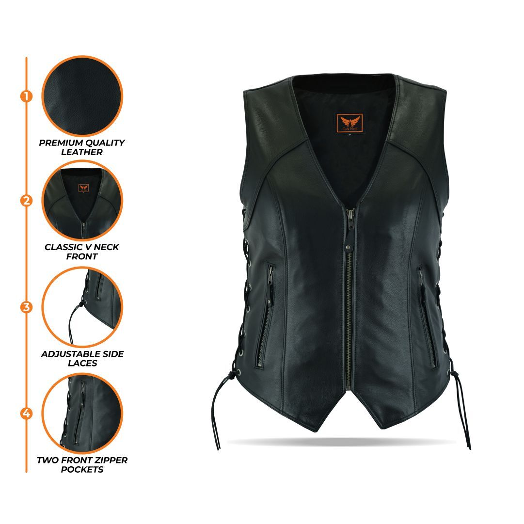 A composite image displaying multiple close-ups of a women's black leather motorcycle vest, highlighting details such as the inner lining, collar, zipper pulls, and the texture of the leather and side ties, on a white background.