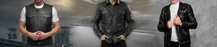 Three models wear black leather vests, a shirt, and a jacket.