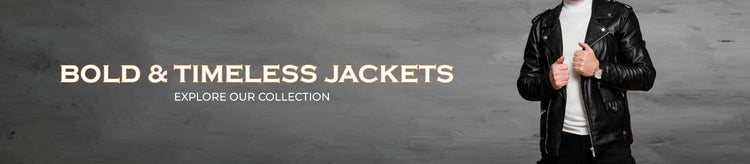 A person models a black leather jacket with a white turtleneck shirt.