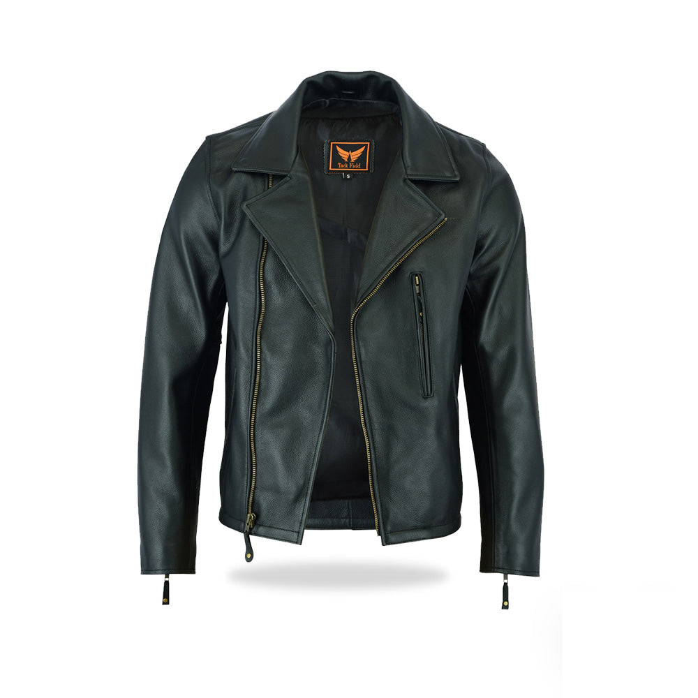 Tackfield Black Leather Motorcycle Jacket with Zip