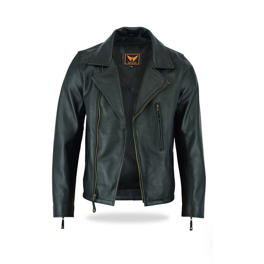 Tackfield Black Leather Motorcycle Jacket with Zip