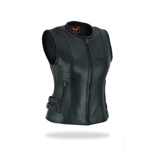 Tackfield Women’s Collarless Black Leather Biker Vest