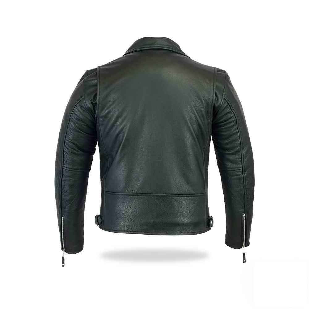 A back view of the black men's classic asymmetrical biker leather jacket, showing the tailored fit and clean back design.