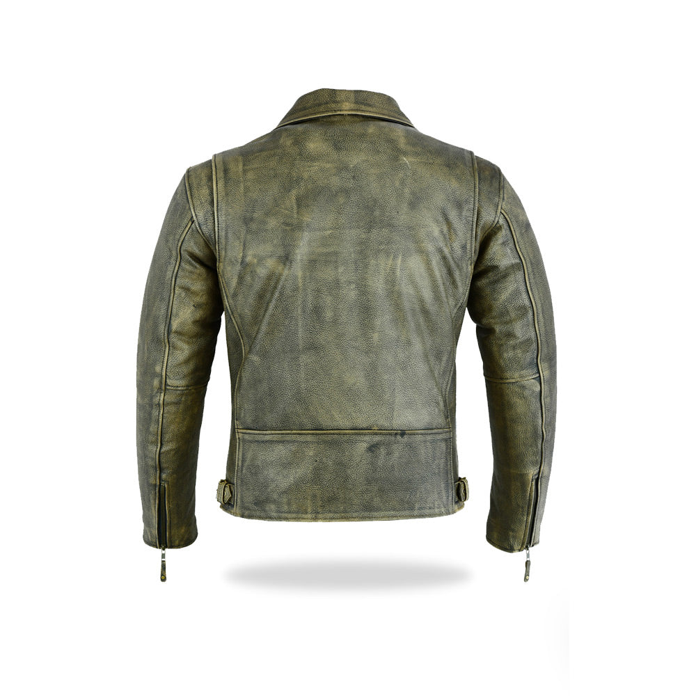 A back view of the woodland men's biker-style leather jacket, showing the rugged texture and simple back design.