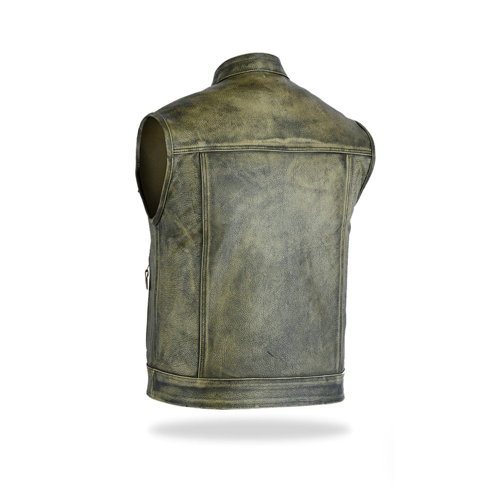 A clear back view of a men's woodland color leather motorcycle vest, showcasing its fitted design, on a white background.