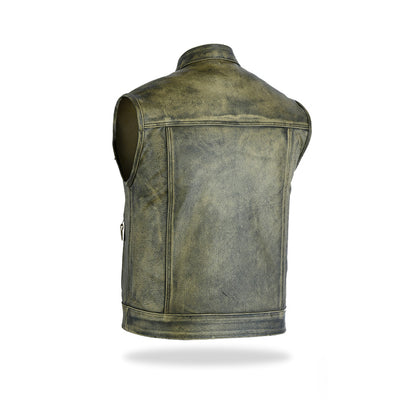 A clear back view of a men's woodland color leather motorcycle vest, showcasing its fitted design, on a white background.
