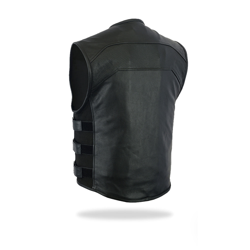  A clear back view of a men's black leather motorcycle vest, showcasing its fitted design, on a white background.
