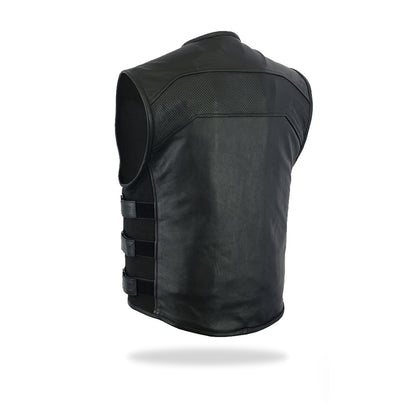  A clear back view of a men's black leather motorcycle vest, showcasing its fitted design, on a white background.