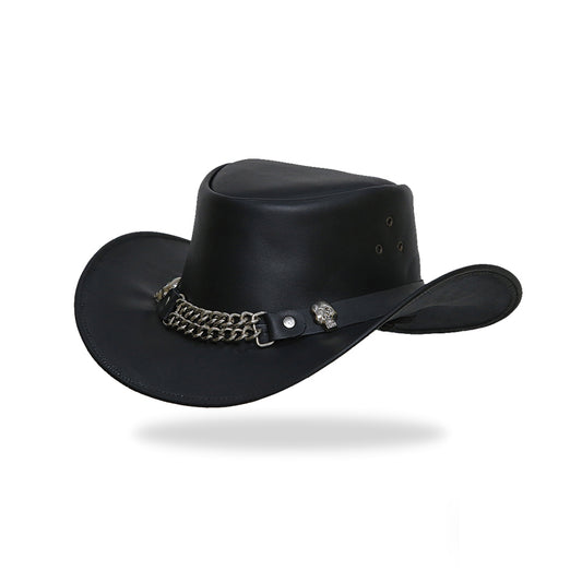 Tackfield Black Steel Biker Hat with Silver Skull Accents