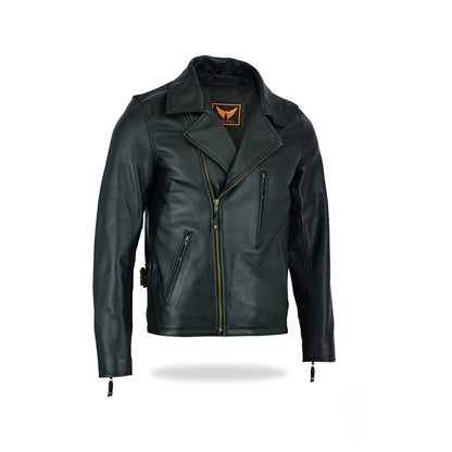A slightly angled front-side view of the black men's asymmetrical zipper leather jacket, highlighting the collar and zipper details.