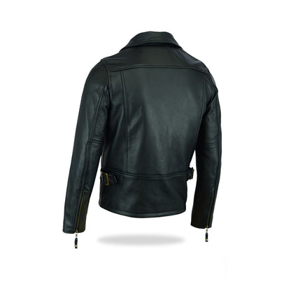 A back view of the black mens asymmetrical zipper leather jacket, showing a clean back design.
