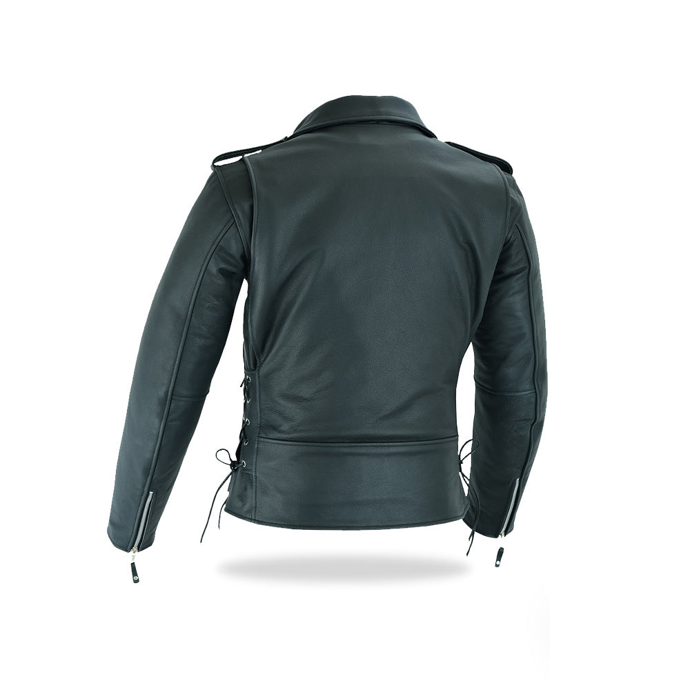 A back view of the black classic biker-style leather jacket, showing the clean lines and a slight curvature in the back, typical of a fitted motorcycle jacket.