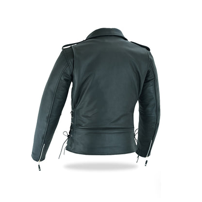 A back view of the black classic biker-style leather jacket, showing the clean lines and a slight curvature in the back, typical of a fitted motorcycle jacket.
